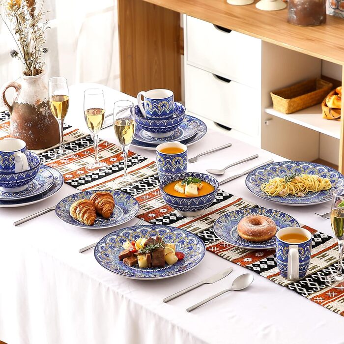 Посуд Vancasso Mandala, 16 предметів, порцеляновий набір для 4 осіб, блакитний, богемський стиль, ручна розпис