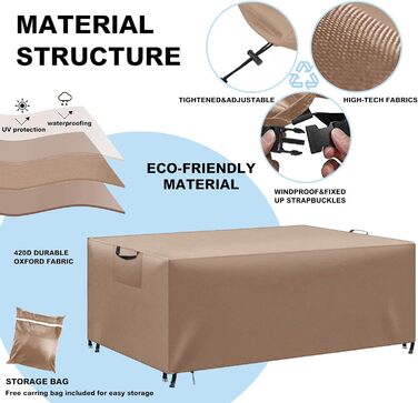 Водонепроникний чохол для садово-патіо меблів, 420D Oxford, захист від вітру та UV, міцний, для садових столів та груп, 180x120x74 (Хакі, 300x200x90cm)