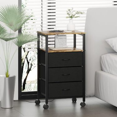 Нічний столик з бездротовою зарядкою, 2 розетки AC та 2 USB-порти, 3 шухляди, коліщатка, вінтажний дизайн, чорно-коричневий (для вітальні, спальні)