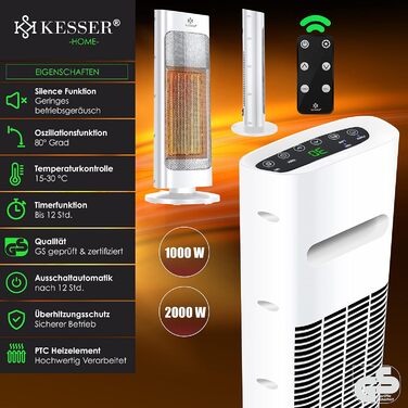 Обігрівач KESSER® 2000W з пультом керування, тихий, енергозберігаючий, керамічний, з осциляцією 80°, таймером 24 год, білий