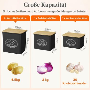 Набір контейнерів для зберігання картоплі, цибулі та часнику Lifewit (3 шт) - чорний, з вентиляцією, великий об'єм