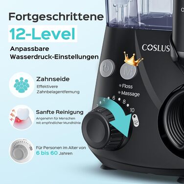 Електрична зубна душ COSLUS Munddusche Professional з 2 режимами та 12 рівнями тиску – 600 мл резервуар для води. Підходить для сімей, ентузіастів орального здоров'я та пацієнтів з ортодонтичними конструкціями. 5 насадок, чорний колір.