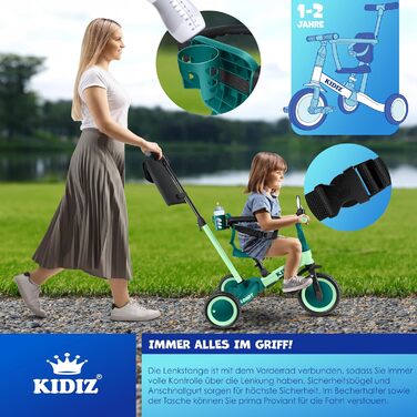 Біговел-триколіс KIDIZ 6-в-1 для дітей 1-5 років до 25 кг, з ручкою, захисним бампером, ременем безпеки, дзвінком та дзеркалом (зелений)