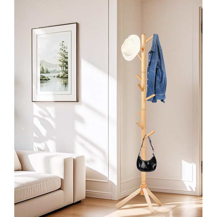 Підставка для одягу з бука, 9 гачків, 3 рівня висоти, білий колір, дерев'яна
