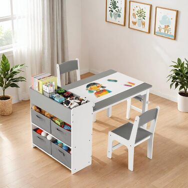 Дитячий стіл Mamizо з 2 стільцями, стіл для малювання та рукоділля, комплект меблів у дитячу кімнату, ігровий стіл з місцем для зберігання для дітей від 3 років (сірий, білий)