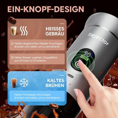 Портативна кавомашина Espresso Kejector з акумулятором: для дому, в подорожах, в авто. 3-в-1: для меленої кави, капсул, з цифровим дисплеєм (металевий сріблястий)