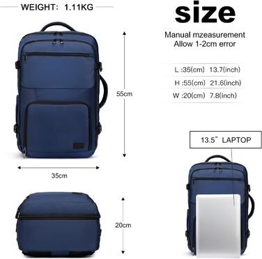 Рюкзак KONO для ручної поклажі в літак, великий, водонепроникний, 55 x 35 x 20 см, 38L (Navy)