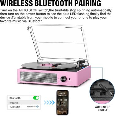Вініловий програвач ретро, Bluetooth, переносний, 3 швидкості 33/45/78 об/хв, з вбудованими стерео динаміками, RCA, AUX, світлий рожевий