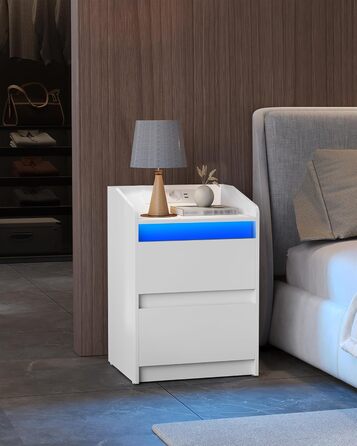 Набір з 2 приліжкових тумб з LED-підсвіткою, зарядною станцією, USB та розетками, з 2 шухлядами, білий, для спальні та вітальні, модель NS30103X