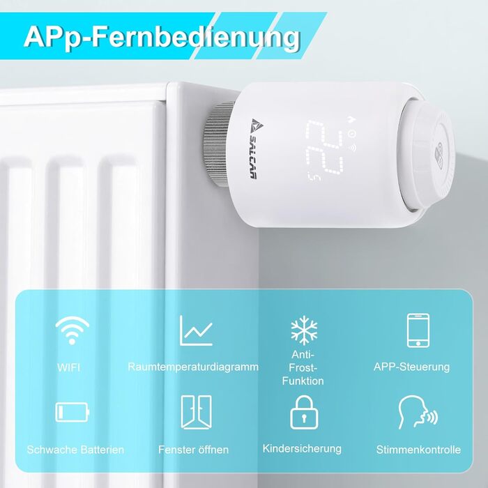 Розумний термостат для радіатора Salcar WiFi TRV603, сумісний з Alexa та Google Assistant, програмований, Tuya Smart, без шлюзу