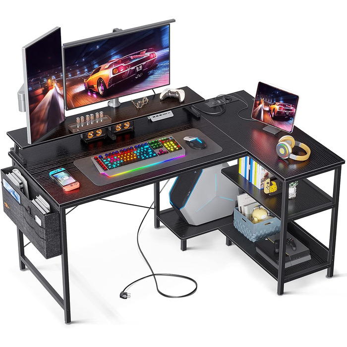 Ігровий стіл ODK кутовий з полицею і USB-портом 120x80x88 см чорний