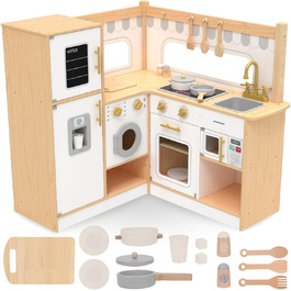 Дитяча дерев'яна кухня Mamabrum XXXL з LED-підсвічуванням та аксесуарами: мікрохвильова піч, посуд, столові прибори. Ігровий набір для дітей 3+ (кухня куткова)