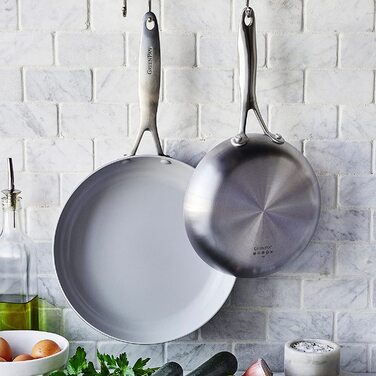 Набір сковорідок GreenPan Venice Tri-Ply 20см та 26см, нержавіюча сталь, антипригарне покриття без PFAS, для індукційних плит, сумісний з духовкою, можна мити в посудомийній машині, срібний колір