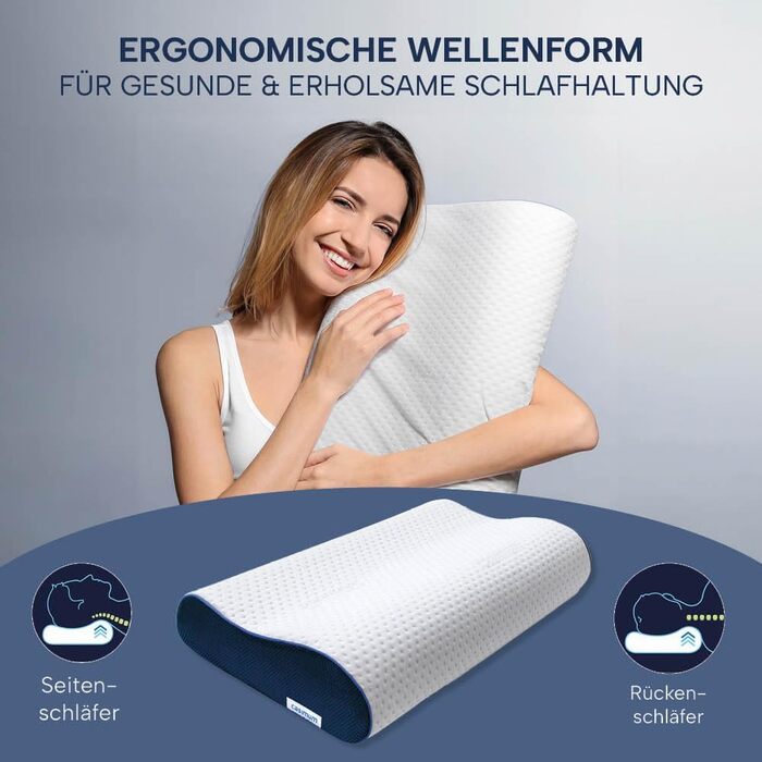 Ортопедична подушка для шиї з Memory Foam, регульована висота, знімає напругу голови та шиї, проти болю в шиї, 60x30 см, з синім чохлом, середньої жорсткості