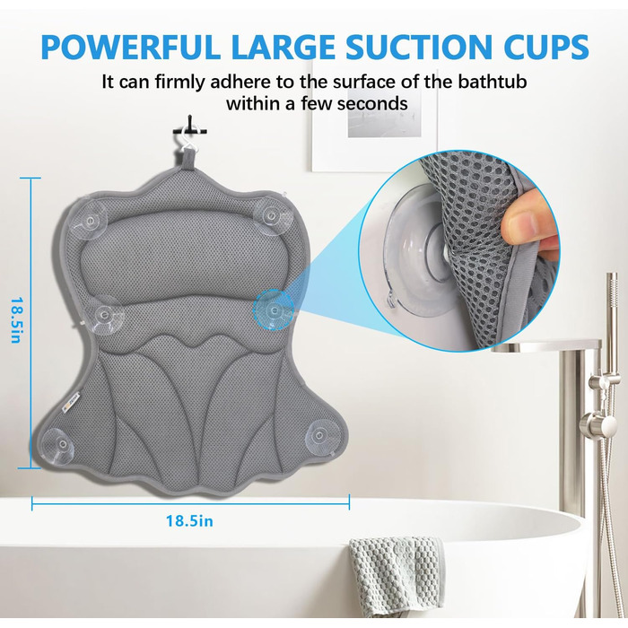 Підголовник для ванни REEZEIVI з 6 антиковзкими присосками, сірий