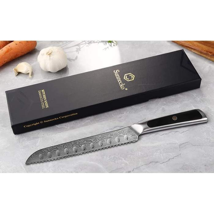 Ніж Sunnecko Дамаск - кухонний ніж з високоякісної сталі Дамаск. Багатофункціональний кухонний ніж для дому та кухні з ергономічною ручкою (8 дюймів, ніж для хліба)