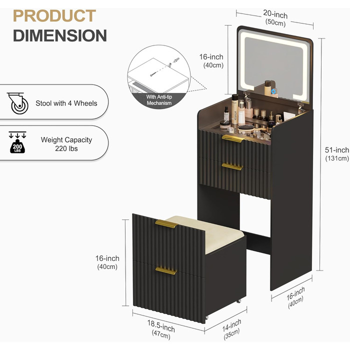Трюмо Lvifur з LED-дзеркалом та 3 шухлядами, кутовий, для спальні, квартири, гуртожитку, білий (чорний)