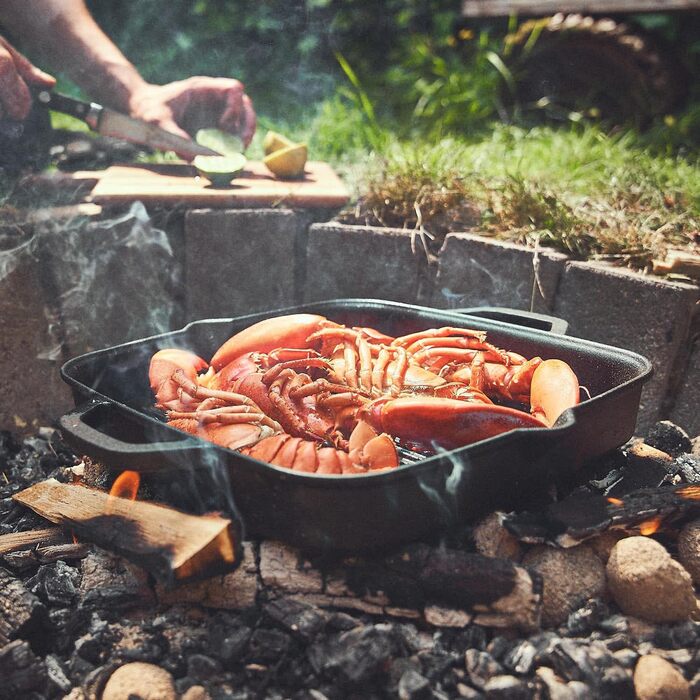 Гриль-сковорода Burnhard Gusseisen, квадратна 30 см, з попереднім прожарюванням, для стейків, сумісна з газовими грилями, духовкою, вогняною чашею та всіма типами плит (включаючи індукційну), чавунна сковорода-гриль 30 см