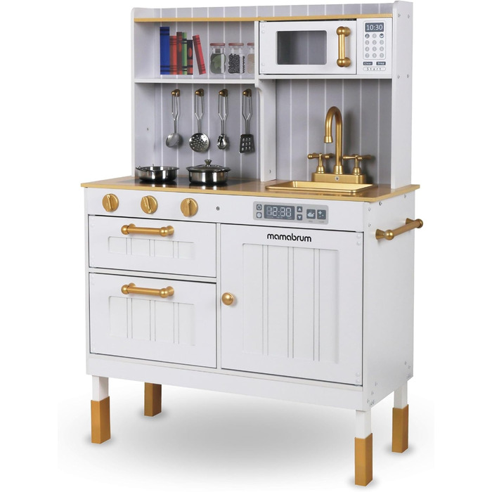Дерев'яна дитяча кухня Mamabrum з LED-підсвічуванням - іграшковий кухонний набір з висотою, що регулюється, з приготуванням кубиків льоду, мікрохвильовою піччю, плитою та посудомийною машиною - іграшка для дітей від 3 років (Білий)