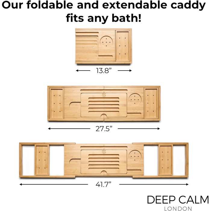 Підставка для ванни Deep Calm - регульована бамбукова підставка - антиковзаюча підставка для ванни. Підходить для більшості ванн. Місце для книги, iPad, телефону, склянки, свічки (натуральний бамбук)