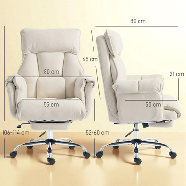 Офісний крісло з регулюванням висоти, поворотне з підтримкою попереку, підставкою для ніг, обтягнуте штучним хутром (штучний фетр), розміром 80 x 80 x 106-114 см, кремово-білого кольору.