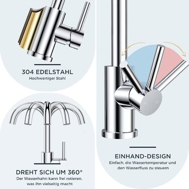 Змішувач для ванної кімнати FORIOUS Hoch 360° з нержавіючої сталі, з підйомним виливом, для кухні/ванної кімнати, з підключенням до гарячої/холодної води, монтаж простий, висота виливу 175 мм, полірована сталь