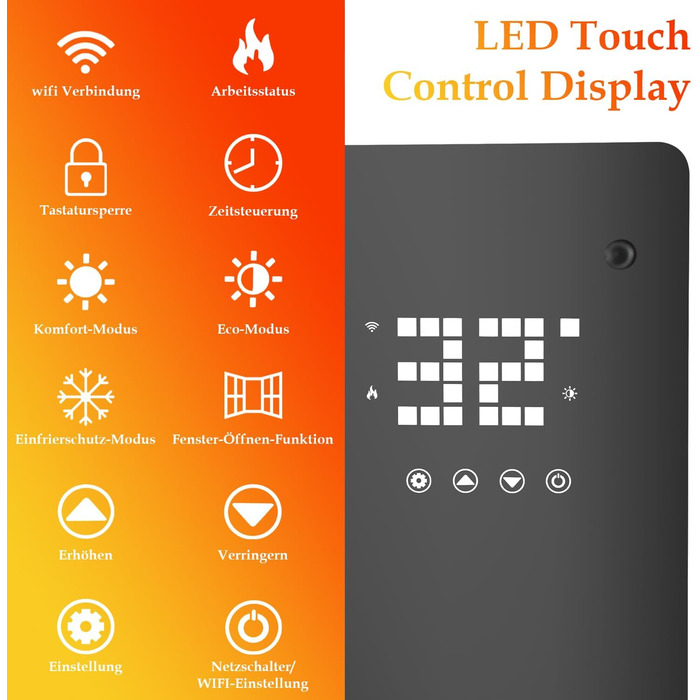 Скляний конвекторний обігрівач Daromigo 2000W з термостатом та WiFi, IP24, настінний, енергозберігаючий, чорний