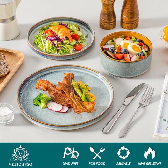 Набір посуду Vancasso Steingut, 24 елементи, на 8 осіб, блакитний, преміум-якість, серія ONION. Тарілки, салатники, миски. Галактичний дизайн.