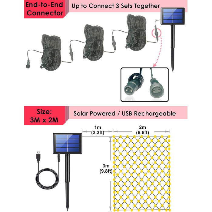 Світлодіодна мережа 3x2M, сонячна/USB, водонепроникна, теплий білий, для Різдва, саду, 204 LED