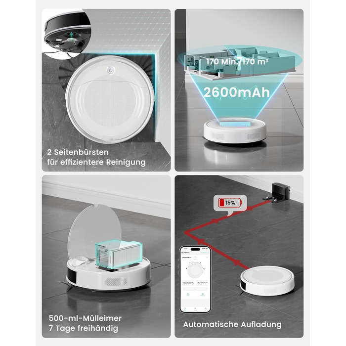 Робот-пилосос Lefant M310 Ultra з функцією миття підлоги, білий. Для тварин, килимів, з керуванням через додаток та Alexa.