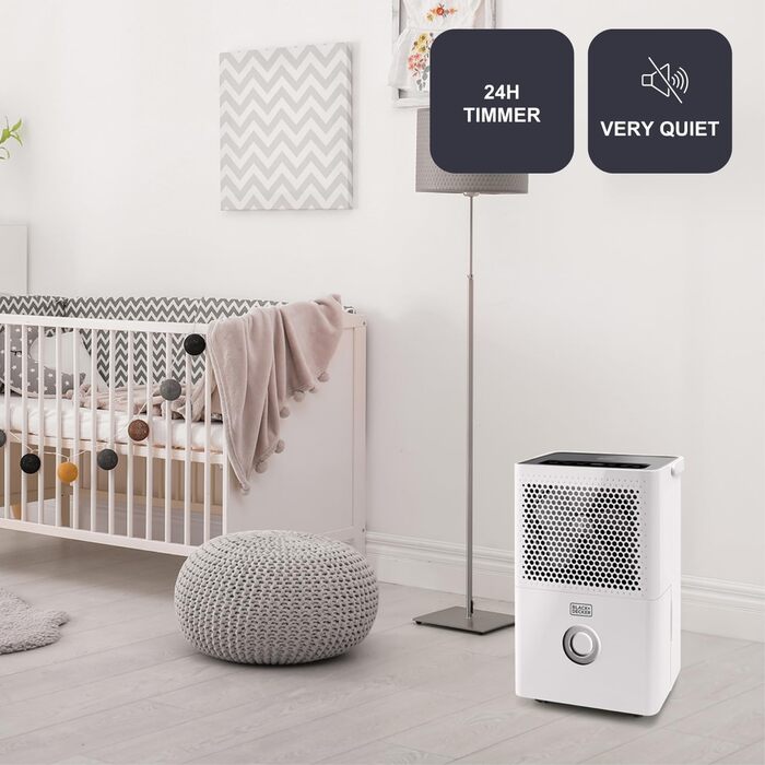 Зволожувач повітря BLACK+DECKER BXDH12E, 12 л/24 год, функція сушіння, 2 швидкості, резервуар 1.8 л, програмування 24 год, знімний та миючий фільтр, до 25 м², тихий