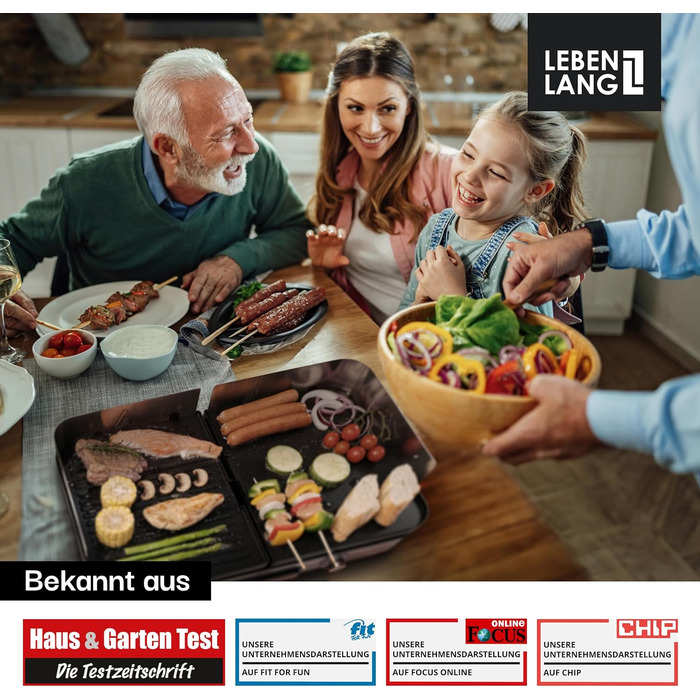 LEBENLANG Електричний гриль для столу - з щипцями та захистом від бризок | 2400W | Для дому та вулиці | Гриль для балкона, столу | Електричний гриль-плита