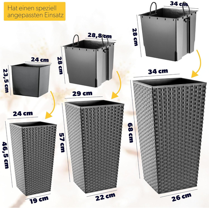 Набір квіткових горщиків KADAX 3 шт. з внутрішнім горщиком, 36/46,5/57,5 см, графітовий ротанг, для дому та саду