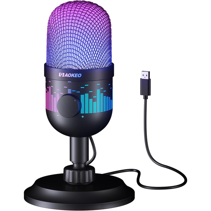 Мікрофон Aokeo для запису та стрімінгу: USB мікрофон для ПК, Mac, PS4/5, з LED-підсвічуванням