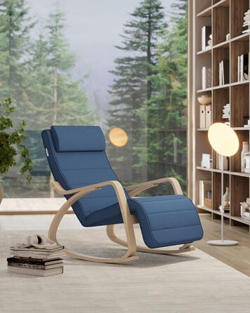 Крісло-гойдалка SONGMICS з підлокітниками з натурального дерева, 5-позиційне регулювання підніжки, до 150 кг, для спальні/вітальні, темно-натуральний колір, бавовна/поліестер