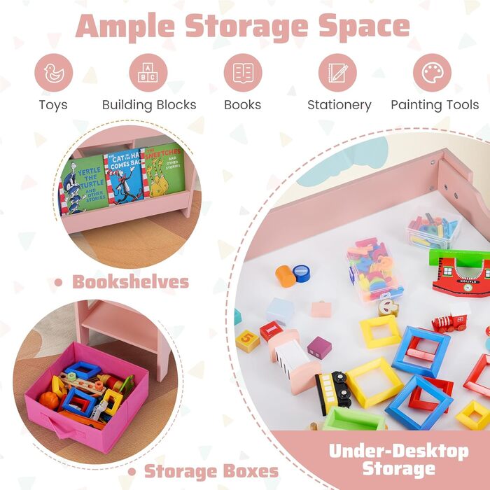 Дитячий столик Dreamade 4 в 1 з 2 стільцями: дерев'яний набір з дошкою та полицями, столик-стілець для дітей з 2 тканинними коробками, рожевий