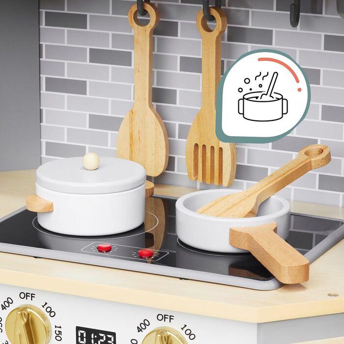 Дитяча дерев'яна кухня Mamabrum XXXL з LED-підсвічуванням та аксесуарами: мікрохвильова піч, посуд, столові прибори. Ігровий набір для дітей 3+