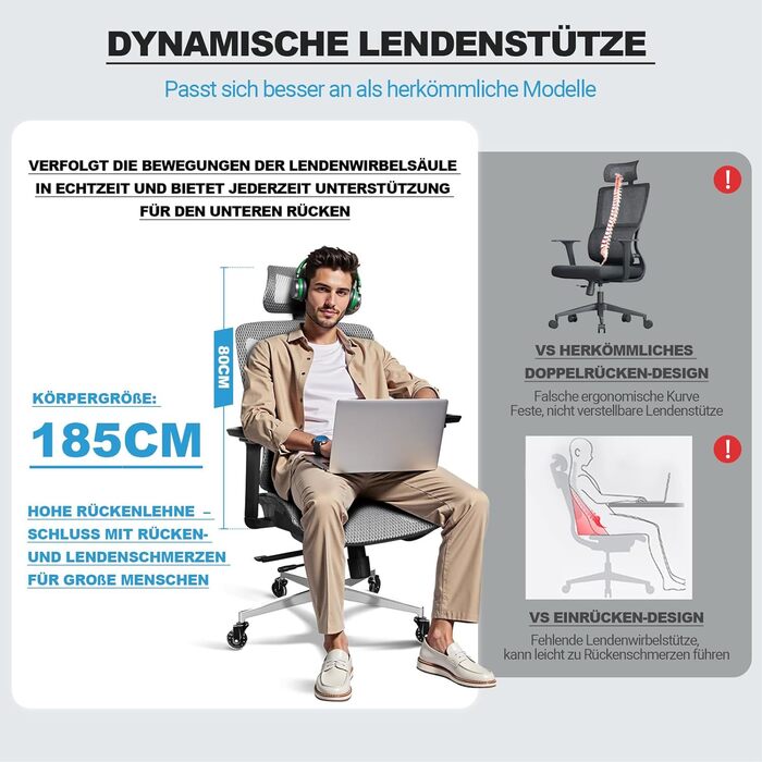 Ергономічне крісло для офісу та дому, 4D підлокітники, регулювання глибини сидіння, 4-рівневий нахил, гумові колеса, сітчасте сидіння, висока спинка, для великих людей, Homeoffice & Gaming (Сірий, сітчасте сидіння)