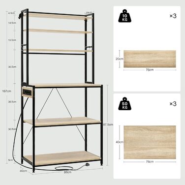 Кухонна полиця WOLTU з 6 ярусами, з розетками, для мікрохвильової печі, з металевим каркасом, регульовані полиці, Чорний+Рустикальний коричневий, 60 x 167 x 40 см
