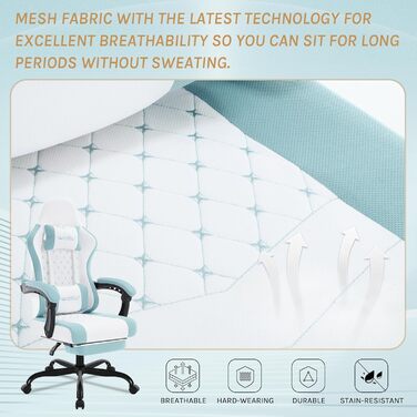 Ігровий крісло WOLTU з масажем, комп'ютерне ергономічне крісло, кишенькові пружинні подушки, масаж попереку, підголовник, підніжка, поворотне крісло, 150 кг, Рожевий+Білий, сітчаста тканина