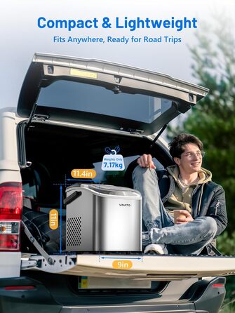 VINATO Льодогенератор портативний для дому та офісу, 12 кг/24 год, срібний. Швидке виробництво льоду (6-8 хв), з лопаткою та кошиком.