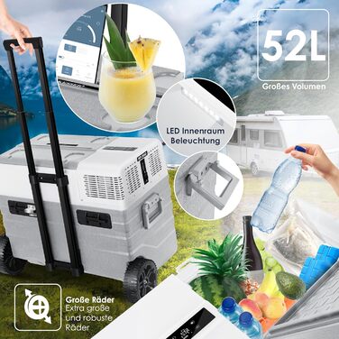 KESSER® Холодильник-морозильник компресорний 52 л з APP-керуванням, USB, 12/24/230V, телескопічна стійка, 2 колеса, охолодження до -20°C для авто, вантажівки, човна