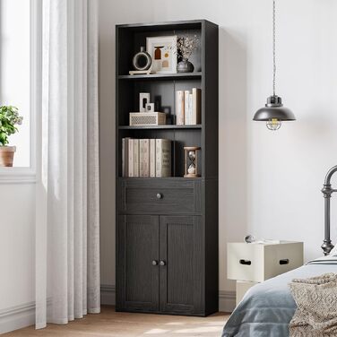 Стелаж Coleshome з дверцятами та шухлядами, 5 полиць, 48x24x164.2 см, білий/чорний