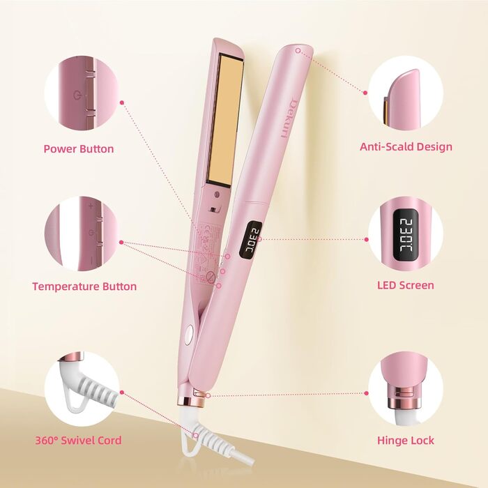 Випрямляч для волосся 2-в-1 Dekuri: випрямлення та завивання, з титановою пластиною, швидкий нагрів за 30 секунд, LED дисплей, іонізація, для жінок, чорний (рожевий)