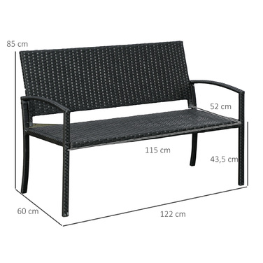 Садова лавка Outsunny Poly Rattan 2-місна паркова лавка зі сталевим каркасом і плетеним чорним W122 x D60 x H87 см для саду та патіо