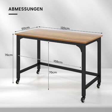 Письмовий стіл з коліщатками, Комп'ютерний стіл з металевим каркасом, Робочий стіл з 4 колесами, Офісний стіл рулонний, Стіл для ПК, 120 x 60 x 76 см, Чорний (натуральний)