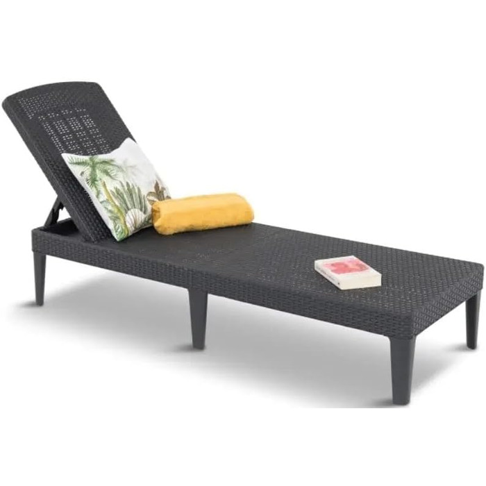 Шезлонг Keter Jaipur для саду з регульованою спинкою, сірий, з подушкою, 187 x 58 x 29 см (імітація ротангу)