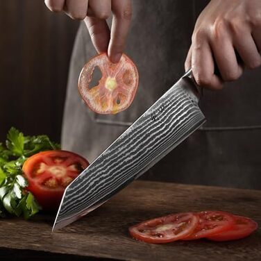 Японський ніж Wakoli EDIB Kiritsuke з дамаської сталі (серцевина VG10), 20 см – професійний кухонний ніж для точних нарізок, з ручкою з паккавуду, у подарунковій коробці (без гравію)