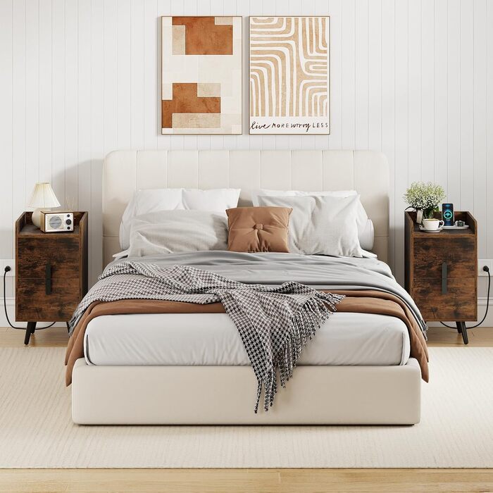 Нічний столик COSTWAY з зарядкою, вузький, 2 шухляди, металеві ніжки, для спальні/вітальні, 40 x 32 x 60 см, рустикальний коричневий