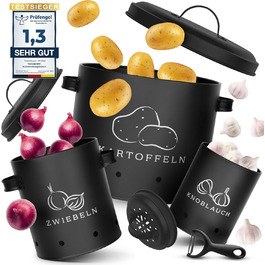 Набір контейнерів для зберігання картоплі, цибулі та часнику [3 шт] з овочечисткою, чорного кольору